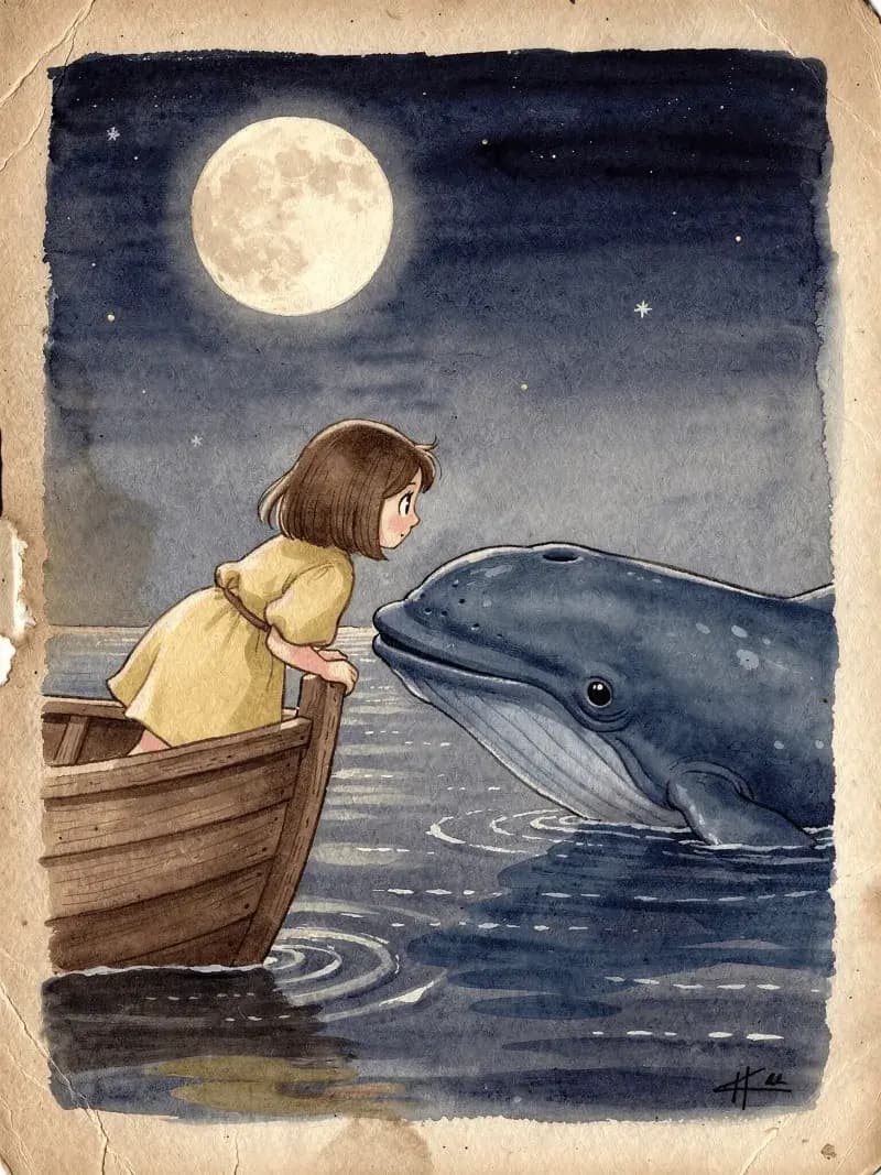 Vintage watercolor of girl in yellow tunic reaching toward blue whale from wooden boat under moon
