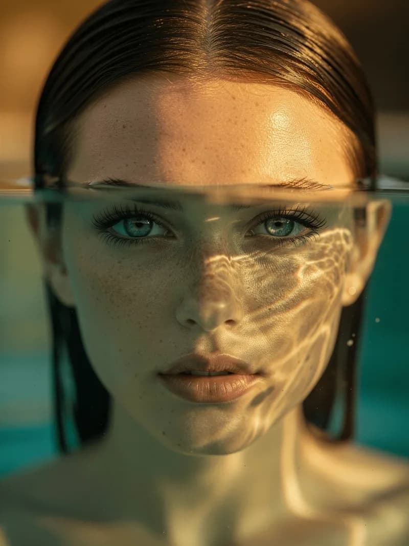 Ultra realistic close-up portrait of a young woman emerging from clear water