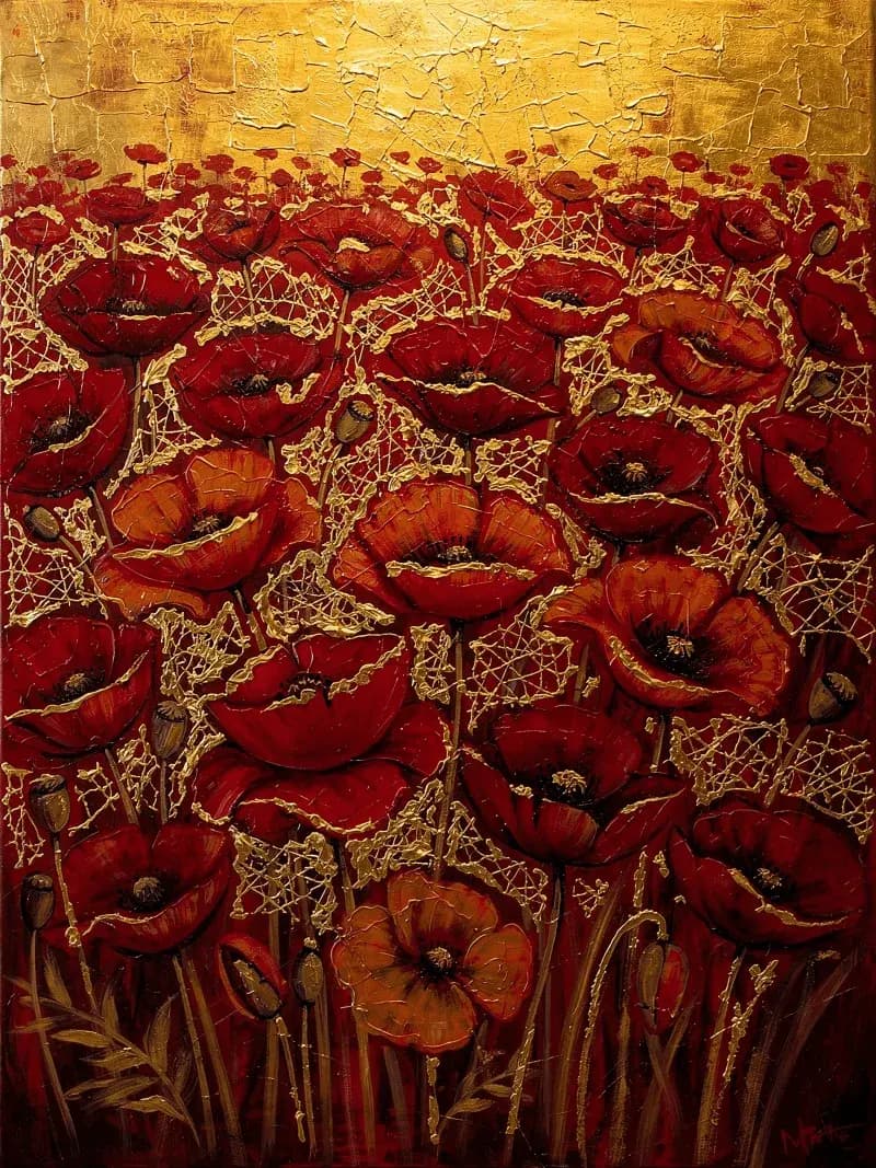 Abstract Red Poppies Field Painting with gold leaf background and shimmering golden flowers