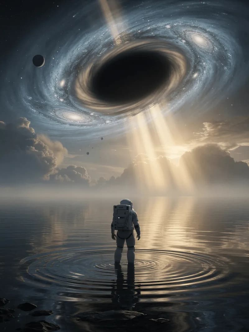 Lone astronaut standing on the edge of an alien ocean planet