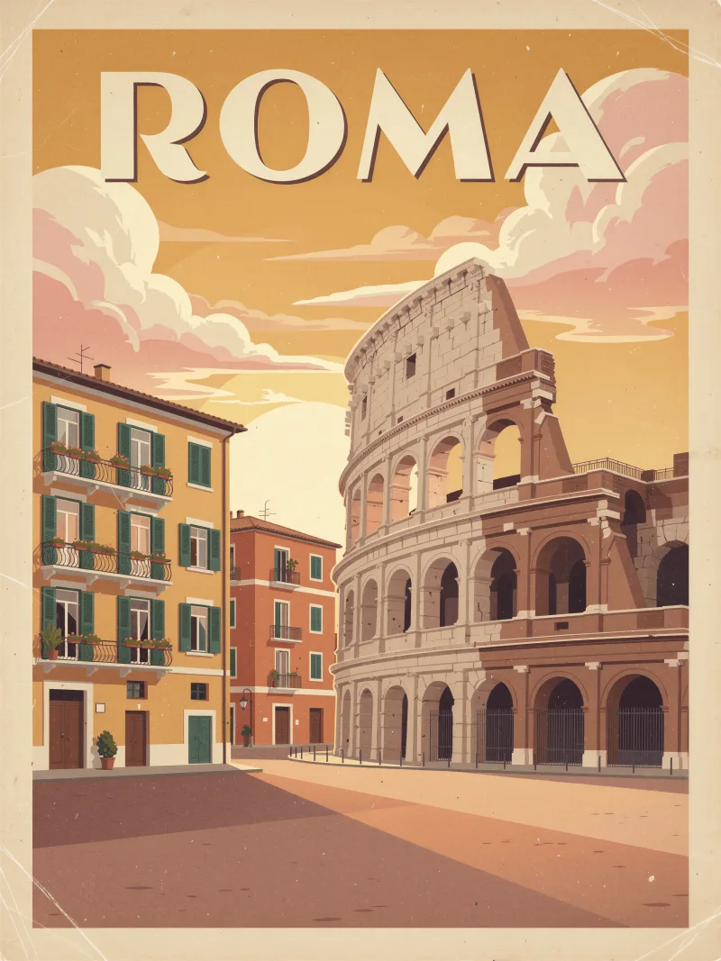 Vintage travel poster illustration of Rome featuring the Colosseum and warm Mediterranean architecture