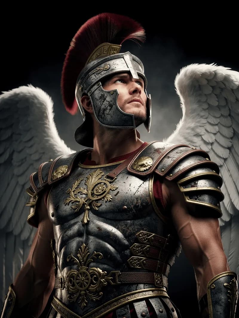Cinematic ultra-photorealistic waist-up portrait of Saint Michael the Archangel gazing skyward in a powerful warrior stance.