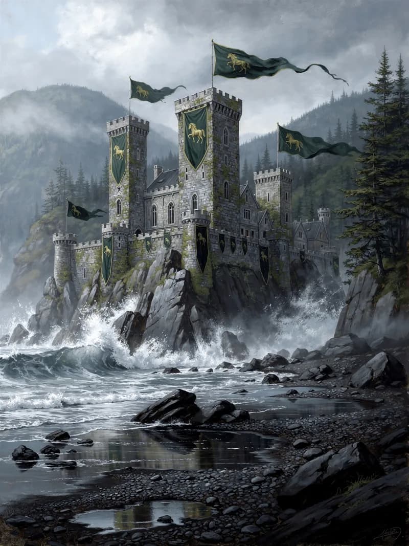Large sized castle near a rocky shore with waves crashing