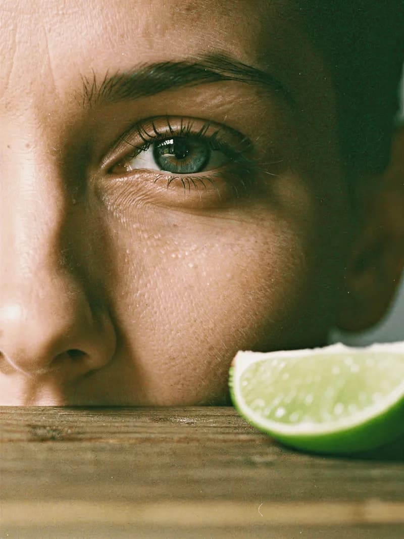 Close-up of thoughtful eyes with lime wedge on wooden background