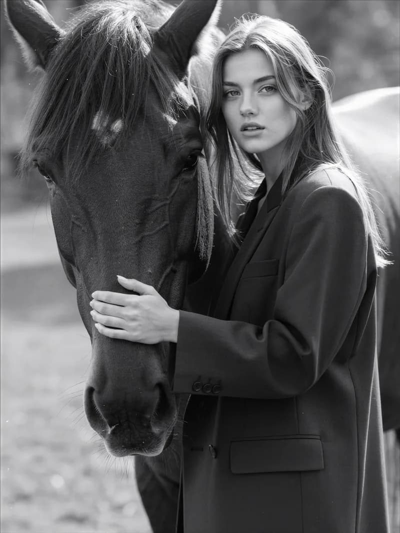 Black-and-white film photo of woman in blazer holding horse